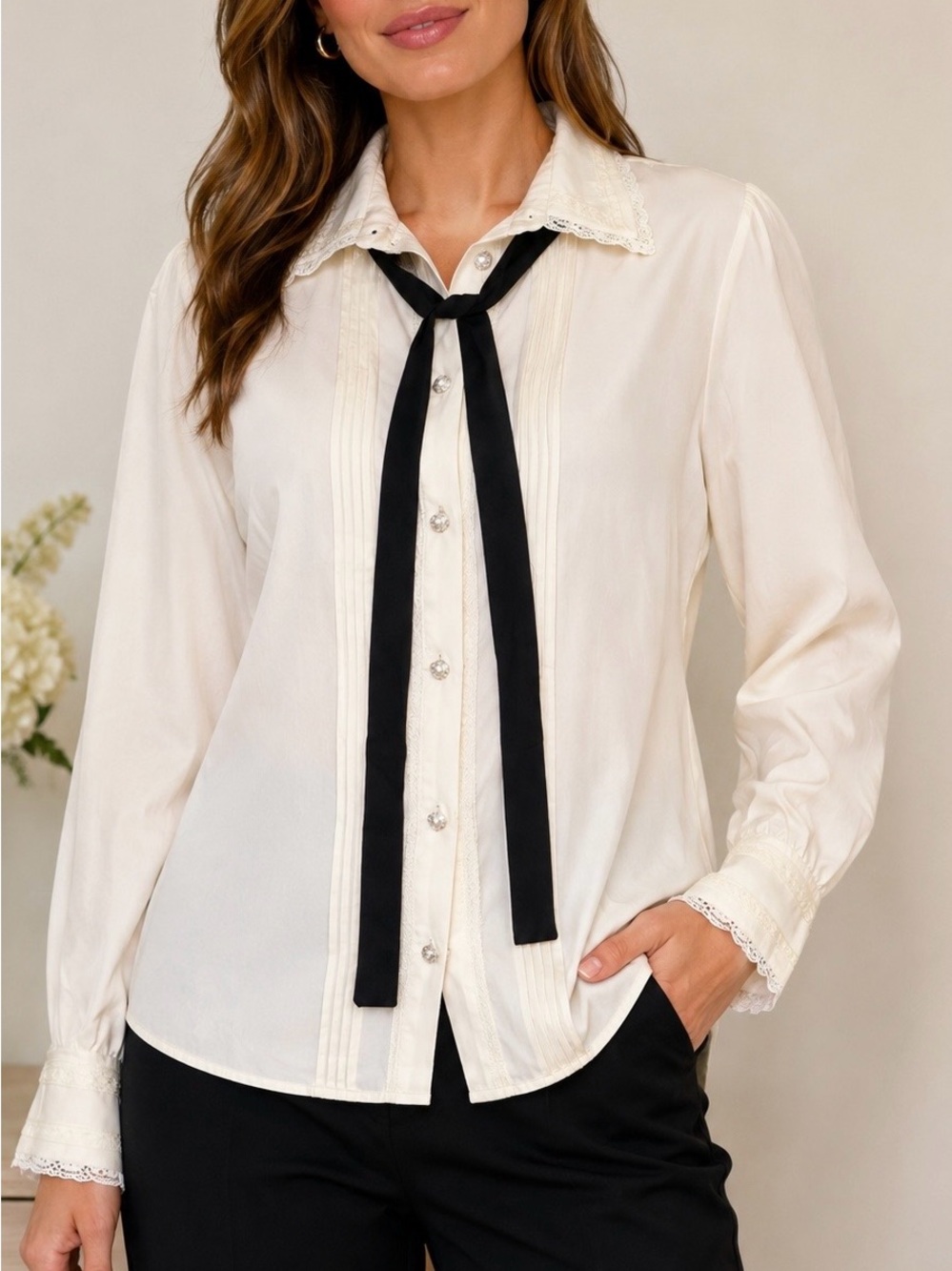 Adrianna Papell Blouse XL Ivory Lace Trim Tie Neck NWT Long Sleeve